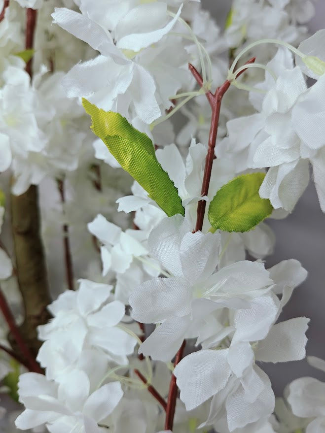 Artificial White Cherry Blossom Plant - 120cm with basic black pot